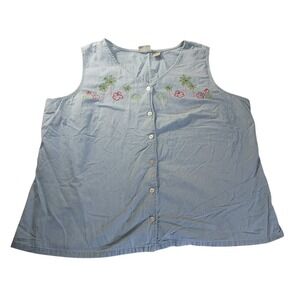 VTG Classic Elements 20/22W Chambray‎ Embroidered Palm Floral Button Tank Top